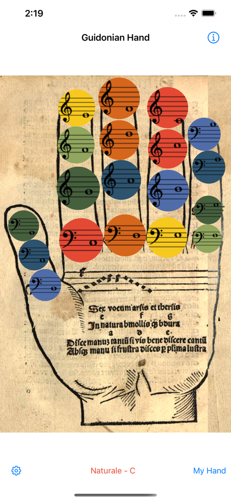 Guidonian Hand - A medieval Guidonian Hand diagram with colorful circular musical notation icons on its fingers