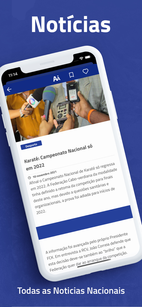Rádio Televisão de Cabo Verde - A mobile screen showing a news article from the Radio Televisao de Cabo Verde app about a national Karate championship.