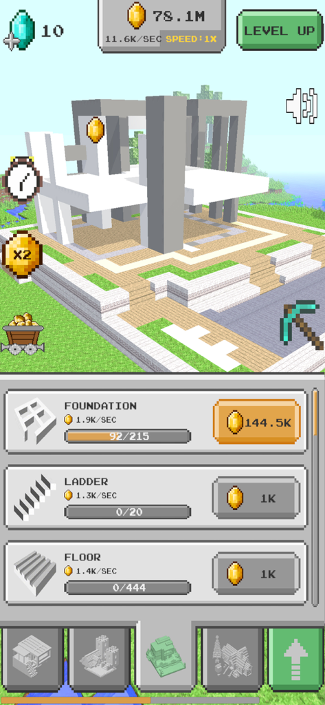 Gameplay de House Craft mostrando la construcción de una casa de voxel y el menú de construcción