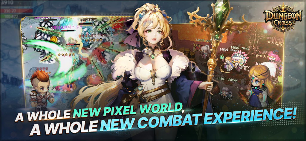 Dungeon Cross - Relic Hunter - Jogabilidade de Dungeon Cross Relic Hunter apresentando arte em pixel e um personagem mago de fantasia