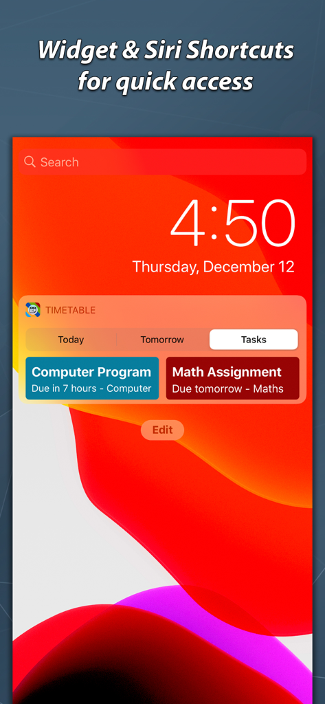 Timetable & Homework Planner - Widget de agenda e planeador de trabalhos de casa mostrando tarefas futuras num ecrã de bloqueio de telemóvel