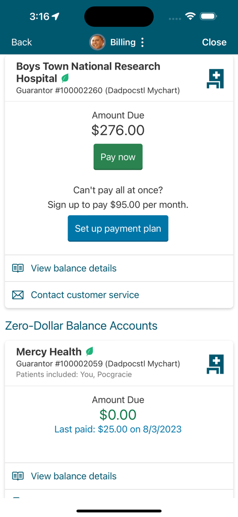 The billing section of the MyMercy app displaying medical bill balances and payment options for healthcare services