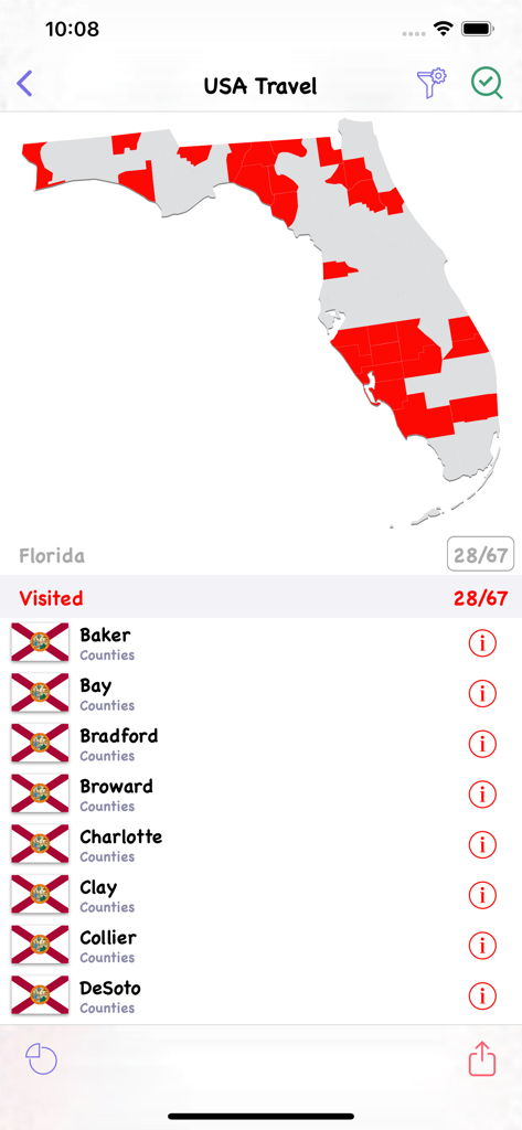USA Travel: I've Been in US - Mapa de Florida en la aplicación USA Travel que muestra condados visitados resaltados en rojo y una lista de condados específicos como Broward y Collier