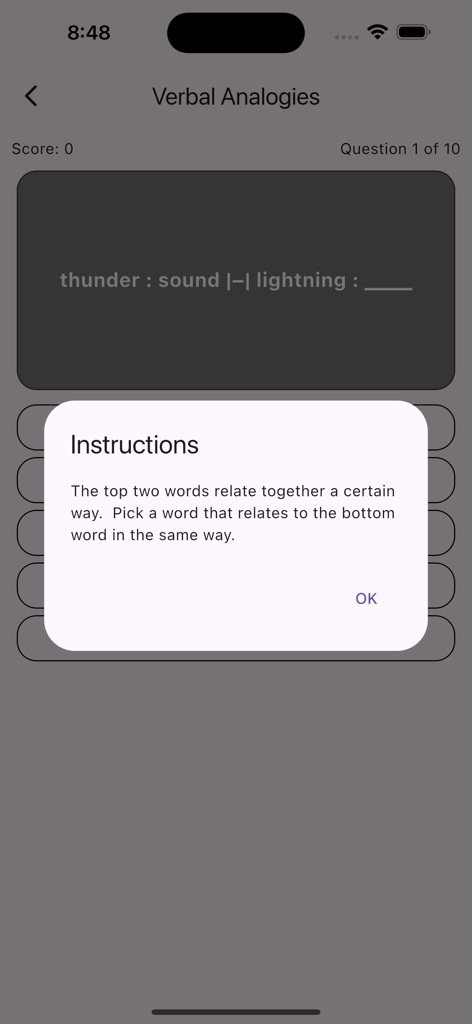 COGAT Grade 3 - Anleitungs-Pop-up für verbale Analogien in der COGAT 3. Klasse Übungs-App.