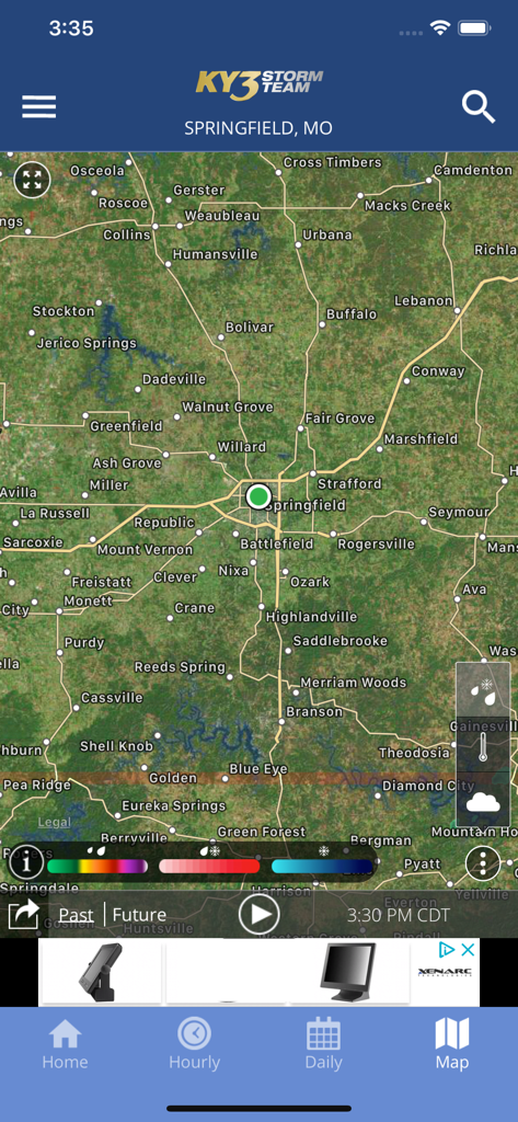 High resolution weather radar map of Springfield Missouri on the KY3 Weather app interface