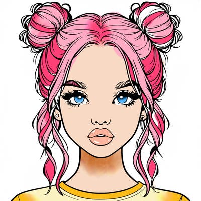 realistic girl with two buns in hair and lips
