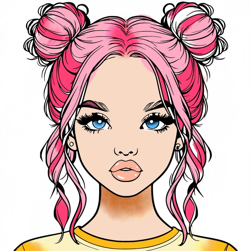 realistic girl with two buns in hair and lips