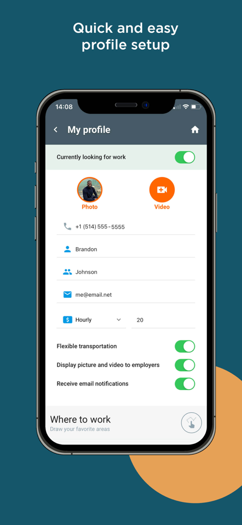 Benutzeroberfläche zur Einrichtung eines mobilen Benutzerprofils für die AppyHere Jobsuche