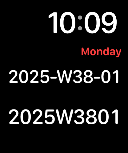 Apple Watch display showing time and date in ISO 8601 week format