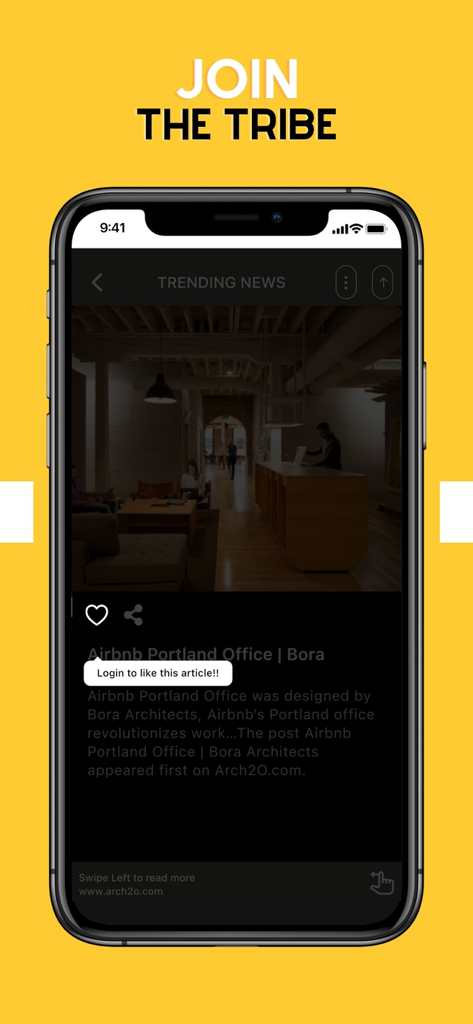 BLENDIN - Design News Inshort - Una captura de pantalla de la aplicación BLENDIN mostrando un artículo de noticias de tendencia sobre el diseño de la oficina de Airbnb en Portland.