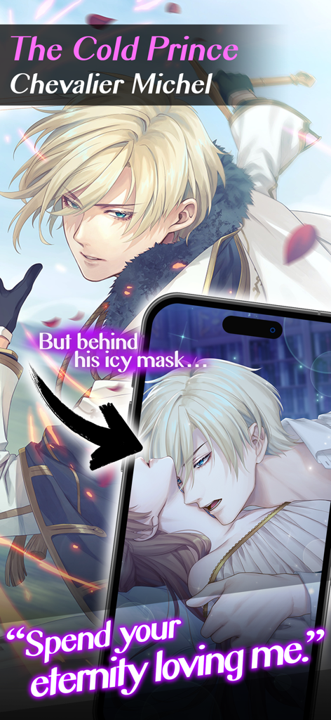 Anime-Charakter Chevalier Michel aus dem Ikemen Prince Otome Game in einer romantischen Szene