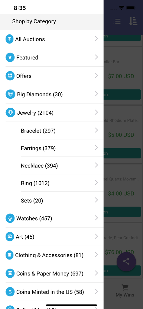 Ein Navigationsmenü in der Polizei-Auktionen-Mobil-App, das Auktionskategorien wie Schmuck, Uhren, Kunst und Münzen anzeigt