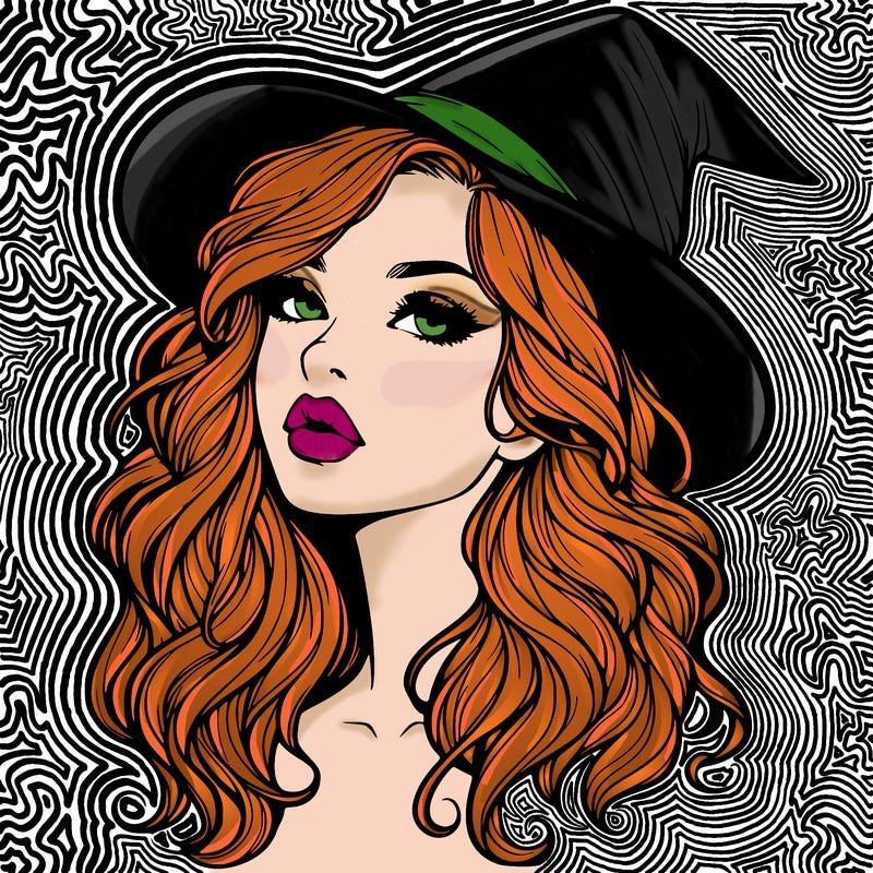 realistic witch girl with wavy hair and lips