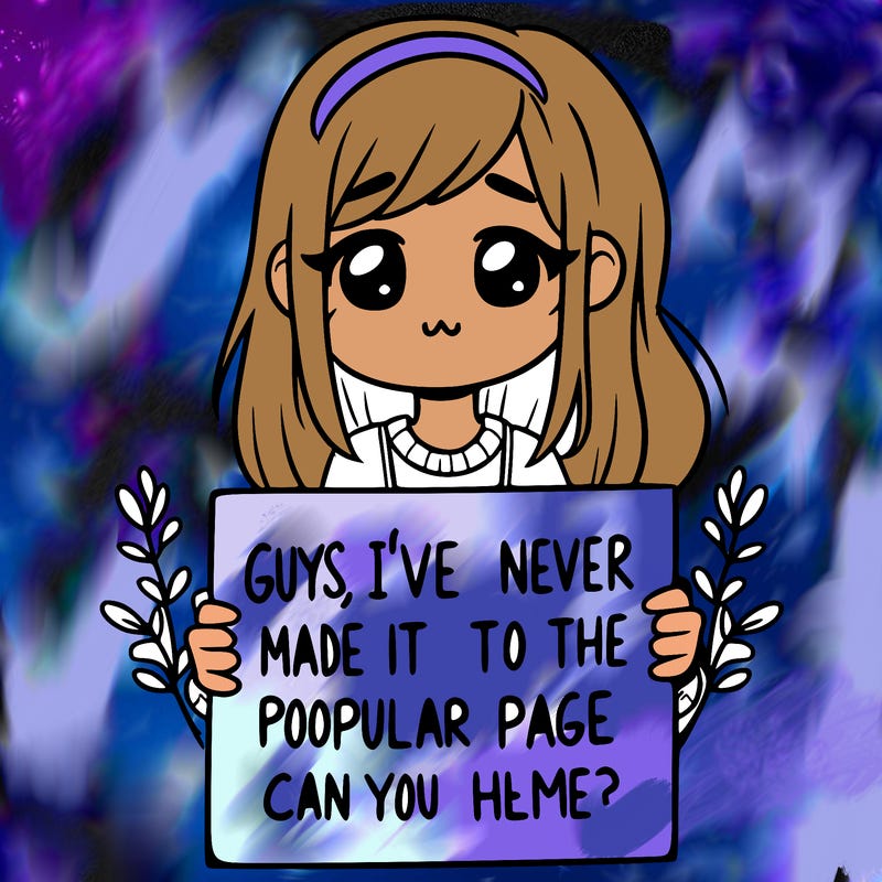 a girl holding up a sign that says, guys, i’ve never made it to the popular page, can you help me?