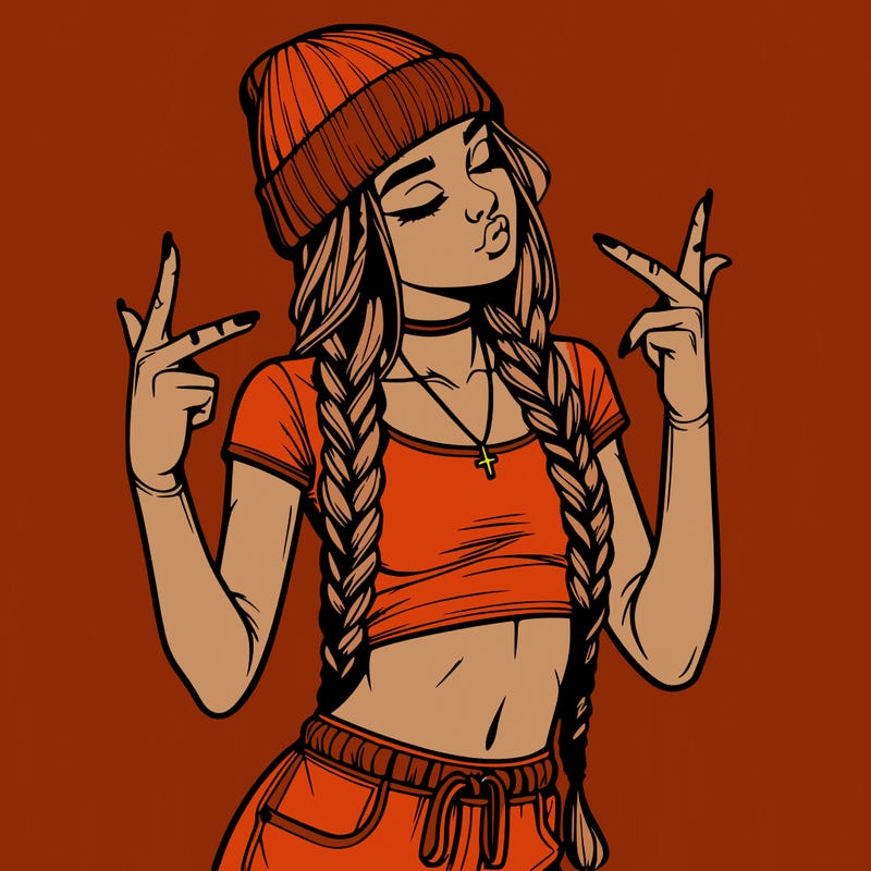 realistic teenage girl with braids and a beanie and crop top doing 🫶🏼