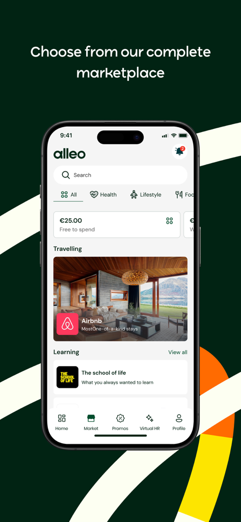 Alleo - Alleo mobile app showing a marketplace with flexible employee benefits including travel and education options