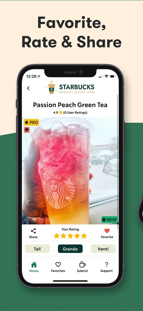 Starbucks-Inspired Secret Menu - Schermata dello smartphone che mostra una ricetta di Passion Peach Green Tea sull'app Menu Segreto Ispirato a Starbucks con opzioni per valutare e preferire.