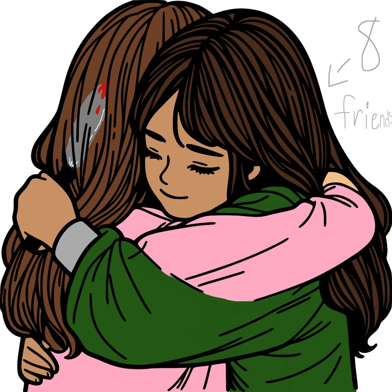 two girls hugging realistic