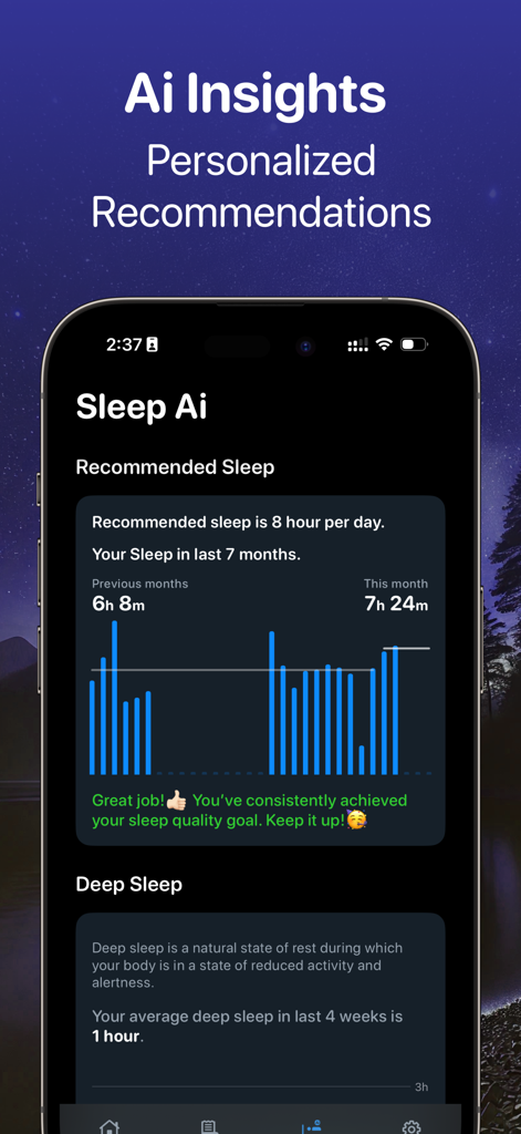 SleepMinder: Ai Sleep Tracker - SleepMinder app screen showing AI sleep insights and personalized recommendations with a monthly sleep duration chart