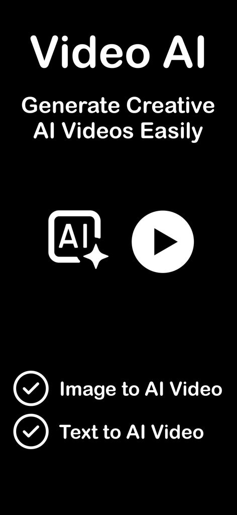 Video AI: Photo to Video Maker - Image to AI VideoとText to AI Videoの生成機能を強調するVideo AIアプリのプロモーション画面