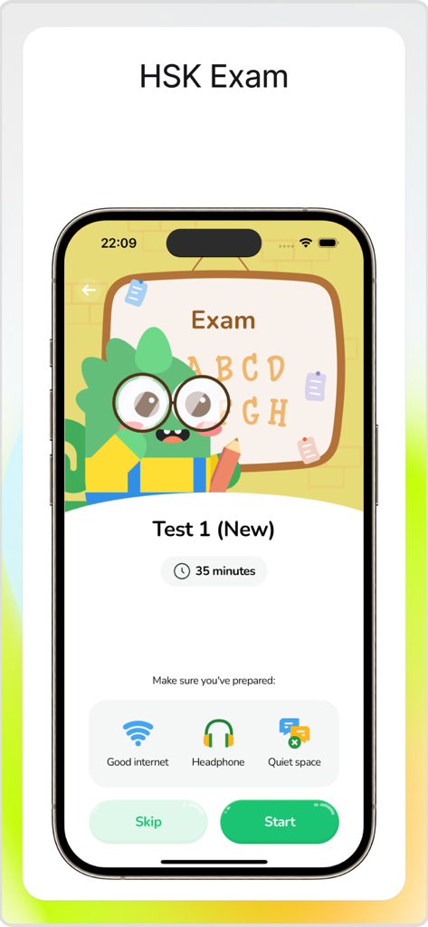 Pidu: Learn Chinese HSK 1-6 - Interface of Pidu app showing HSK Chinese proficiency exam preparation with a 35 minute test option and mascot.
