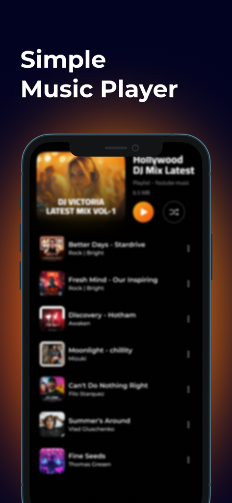 Resso Music - Discover Songs - A smartphone screen displaying the minimalist and simple music player interface of the Resso Music app with a list of songs.