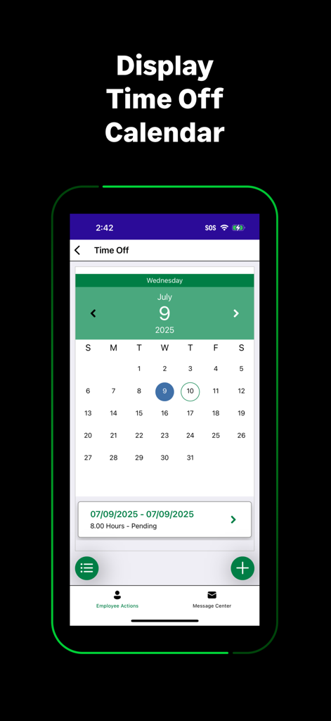Sage HRMS - Sage HRMS mobile app showing an employee time off calendar view