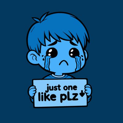 realistic crying boy with a sign saying just one like plz