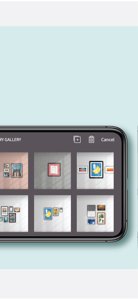 Pantalla de smartphone mostrando una colección de composiciones de paredes de galería en la aplicación Wallary