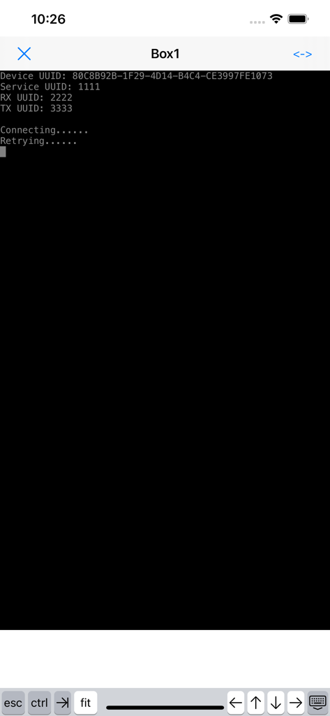 AirTerminal - BLE Terminal - Mobile terminal interface showing BLE device connection progress and technical UUID information