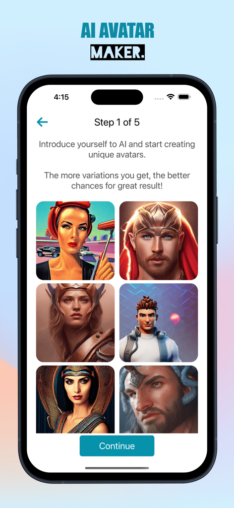 Interface of the AI Avatar Maker feature showing different generated avatar styles
