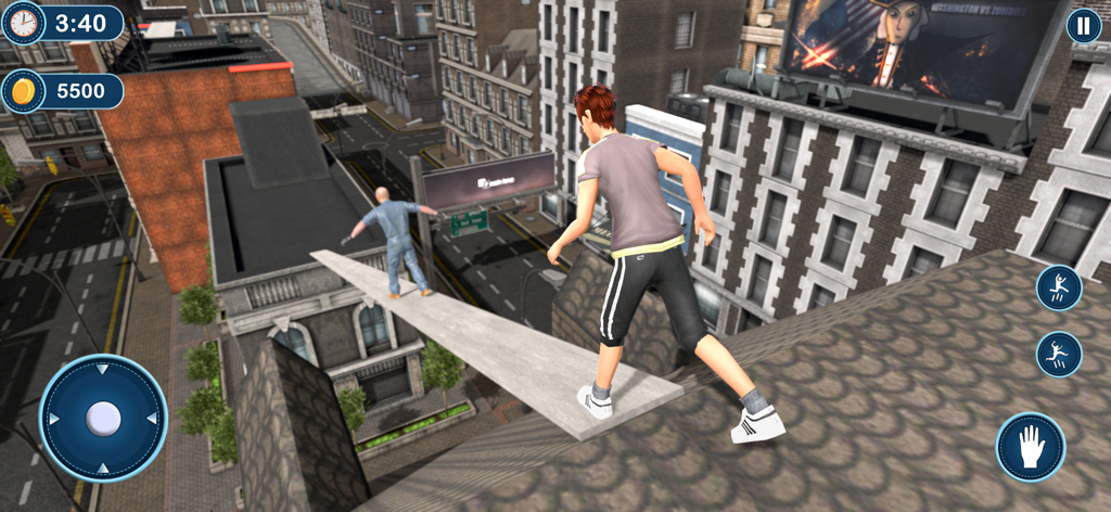 Rooftop Runner Parkour Go Up - A character in Rooftop Runner Parkour Go Up walking on a narrow plank between city buildings