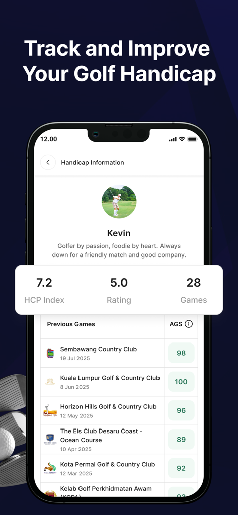 Capture d'écran de l'application mobile montrant l'index de handicap de golf et l'historique des parties pour un joueur