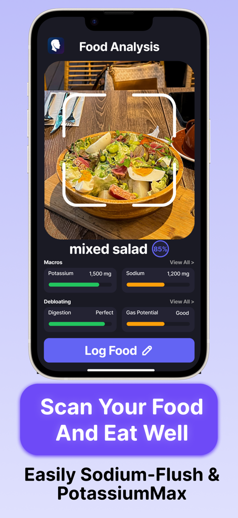 Depuff AI - Debloat your face - Pantalla de la app Depuff AI analizando una comida para niveles de sodio y potasio para ayudar a reducir la hinchazón facial.