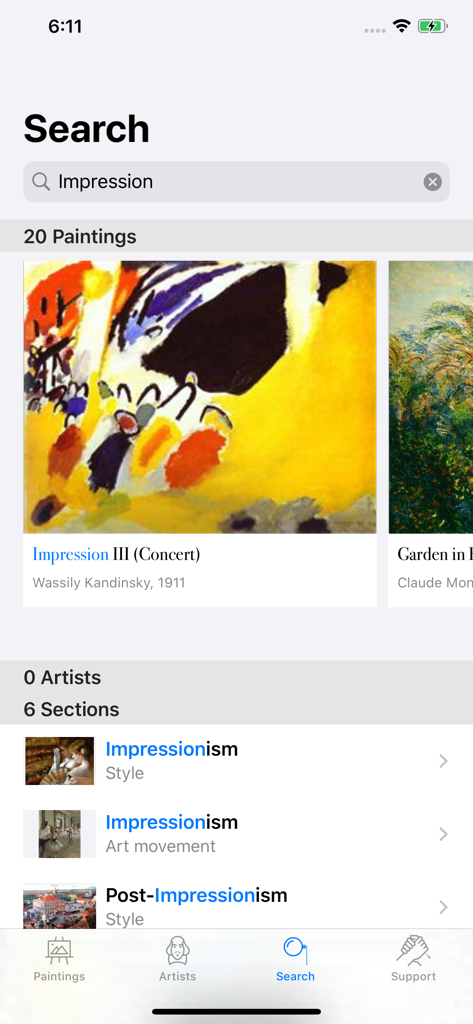 WikiArt - Schermata di ricerca dell'app WikiArt che visualizza i risultati per Impressionismo con dipinti di Wassily Kandinsky e categorie di stile artistico Impressionismo.