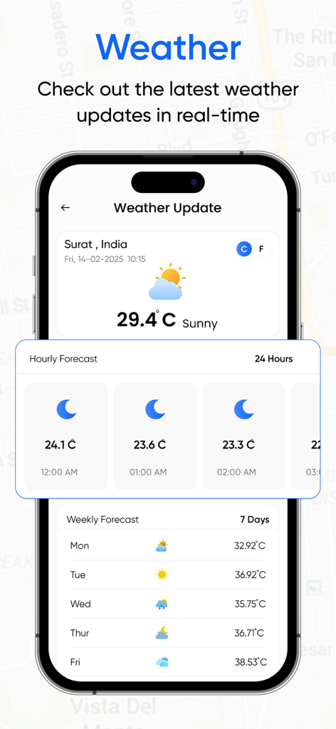 Street View Live 360 Map View - Real-time weather forecast screen showing hourly and weekly predictions