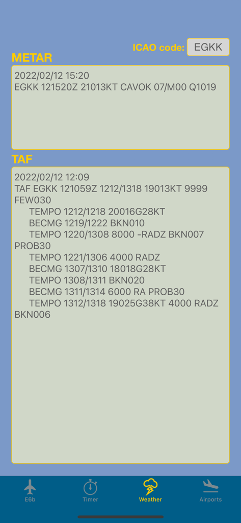 E6b Pilot - E6b Pilot app interface displaying METAR and TAF aviation weather reports for an airport