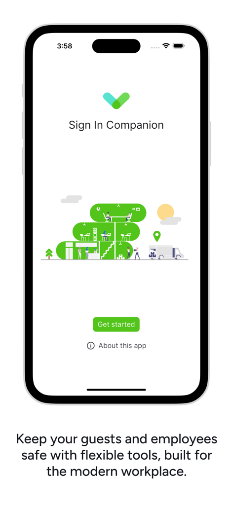 Sign In Companion - Sign In Companion App Willkommensbildschirm mit einer Illustration eines modernen Büros und einer Schaltfläche zum Starten.