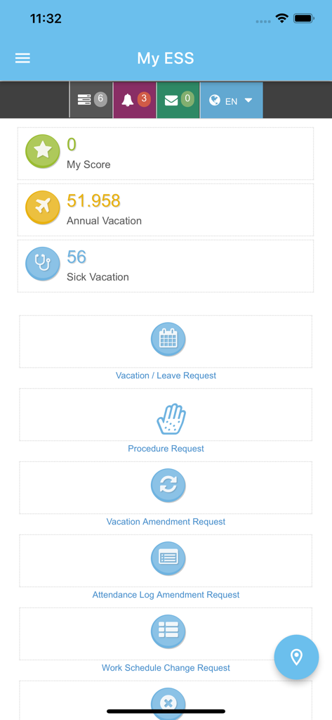 LenvoHR - LenvoHR mobile app dashboard showing annual and sick vacation balances and employee request options