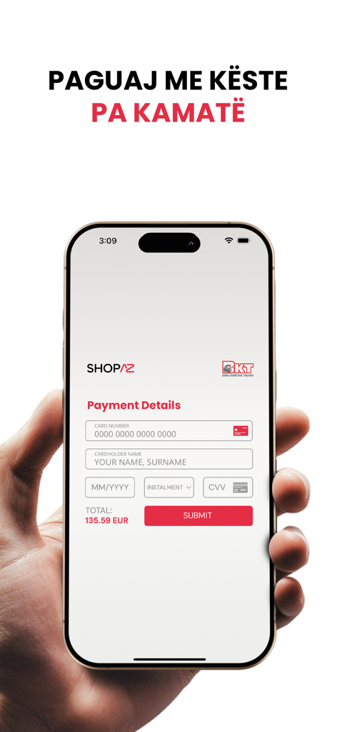 ShopAZ - ShopAZ mobile app showing a secure payment screen with an option for interest free installments on an iPhone