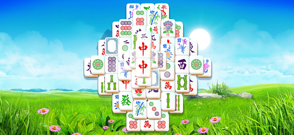 Mahjong Club - Solitaire Game - Classic Mahjong Solitaire tiles arranged in a puzzle layout over a sunny green meadow background