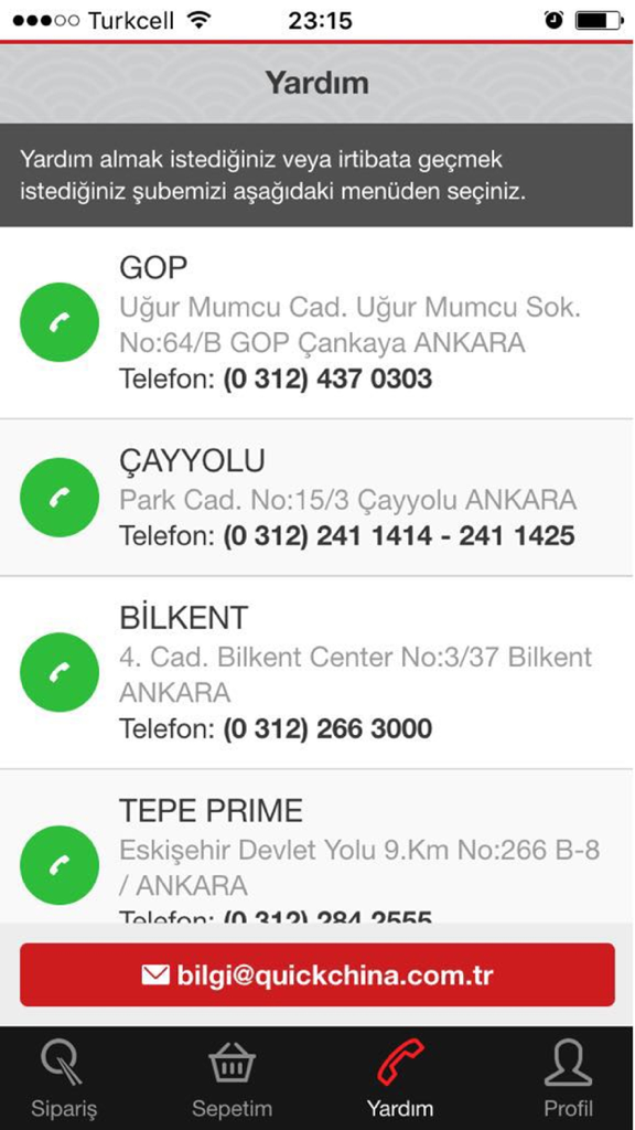 Mobile QuickChina - Hilfebildschirm der Mobile QuickChina App mit Filialstandorten, Adressen und Telefonnummern in Ankara
