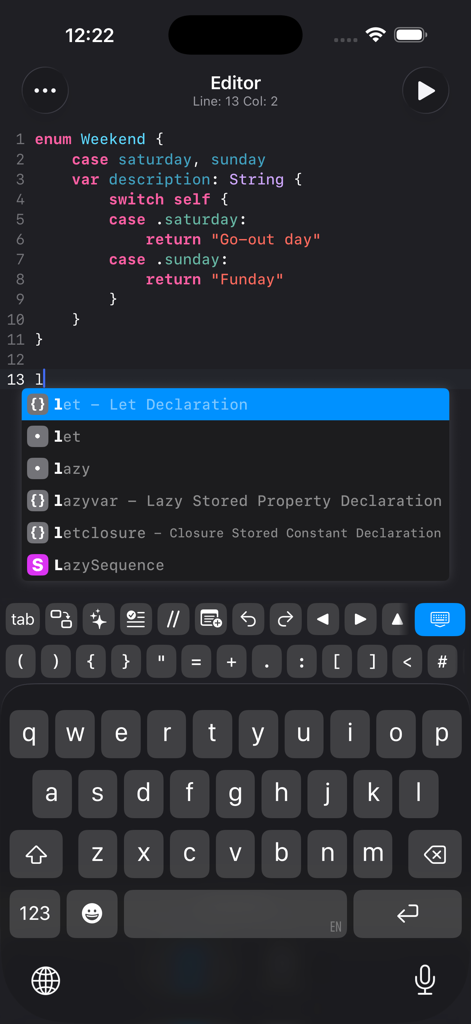 Swifty Compiler: Swift IDE - Mobile code editor showing Swift syntax highlighting and auto-completion suggestions in the Swifty Compiler app.