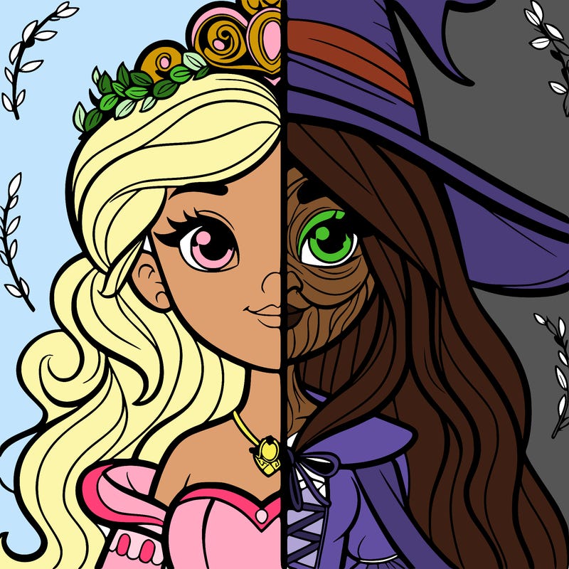 detailed realistic split of a princess and a witch