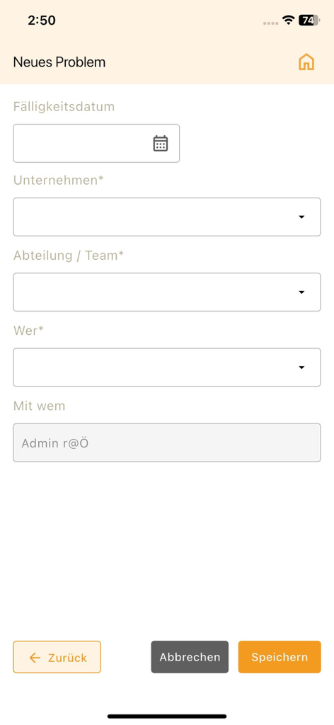 kyro App - Tela mobile do kyro app mostrando um formulário digital para relatar um novo problema com campos para data de vencimento, departamento e atribuição de equipe.