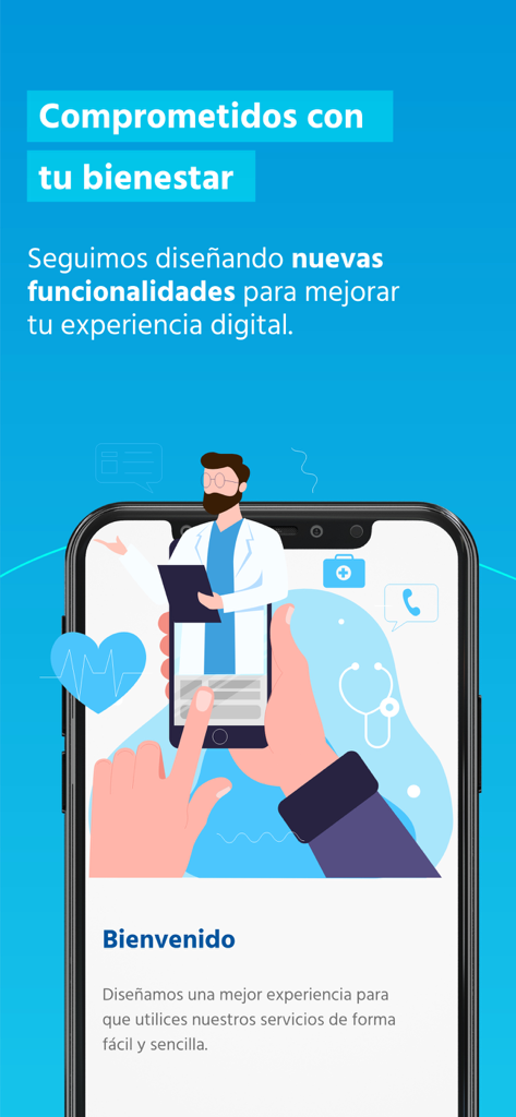 Welcome screen of the EPS Sanitas mobile app featuring a digital doctor illustration and medical service icons.
