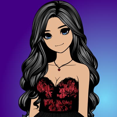 realistic girl with long hair and pretty prom dress
