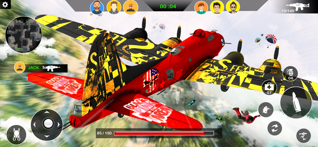 Call of Sniper -Delta Ops 2025 - Players parachuting from a red and yellow military aircraft into a battlefield
