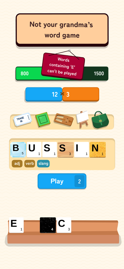 Wordlike - Word Roguelike - A screenshot of Wordlike gameplay showing the word BUSSIN being played under a level constraint that prohibits the letter E.