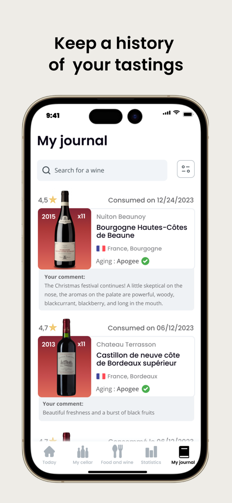 Oeni: #1 Wine Cellar Manager - Oeniアプリの画面。さまざまなワインの評価とテイスティングノートが含まれた、個人用ワインテイスティングジャーナルを表示しています。